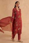 Buy_Ruchi Marodia_Red Moonga Silk Embroidery Zardozi Blunt V Neck Kurta Pant Set _Online_at_Aza_Fashions