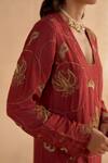 Buy_Ruchi Marodia_Red Moonga Silk Embroidery Zardozi Blunt V Neck Kurta Pant Set 