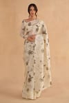 Buy_Ruchi Marodia_Ivory Paper Tussar Print Floral V Neck Vintage Saree With Blouse _at_Aza_Fashions