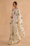 Ruchi Marodia_Ivory Paper Tussar Print Floral V Neck Vintage Saree With Blouse _Online_at_Aza_Fashions