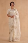 Buy_Ruchi Marodia_Ivory Paper Tussar Hand Embroidery Floral Square Vintage Saree With Blouse _at_Aza_Fashions