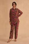 Buy_Ruchi Marodia_Brown Crepe Silk Print Lotus Collared Neck Shirt With Pant _at_Aza_Fashions