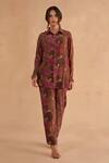 Buy_Ruchi Marodia_Brown Crepe Silk Print Lotus Collared Neck Shirt With Pant _Online_at_Aza_Fashions