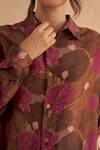 Ruchi Marodia_Brown Crepe Silk Print Lotus Collared Neck Shirt With Pant _at_Aza_Fashions