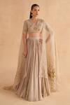 Buy_Ruchi Marodia_Grey Moonga Silk Embroidery Floral V Neck Hand Blouse And Lehenga Set _at_Aza_Fashions