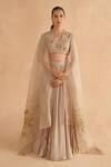 Ruchi Marodia_Grey Moonga Silk Embroidery Floral V Neck Hand Blouse And Lehenga Set _at_Aza_Fashions