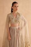 Buy_Ruchi Marodia_Grey Moonga Silk Embroidery Floral V Neck Hand Blouse And Lehenga Set 