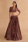 Buy_Ruchi Marodia_Brown Moonga Silk Print Lotus Cylindrical Neck Blouse With Lehenga _at_Aza_Fashions