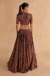 Shop_Ruchi Marodia_Brown Moonga Silk Print Lotus Cylindrical Neck Blouse With Lehenga _at_Aza_Fashions