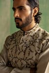 Shop_Studio Bagechaa_Gray Chanderi Silk, Linen, Satin Embroidery Floral Vine Bundi And Kurta Set _at_Aza_Fashions