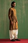 Shop_Studio Bagechaa_Brown Raw Silk Embroidery Bead Zavian Dori Bundi And Kurta Set _at_Aza_Fashions