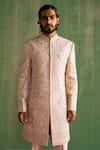 Shop_Studio Bagechaa_Peach Raw Silk Embroidery Dori Lakshay Sherwani Set _Online_at_Aza_Fashions