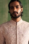 Shop_Studio Bagechaa_Peach Raw Silk Embroidery Dori Lakshay Sherwani Set _at_Aza_Fashions