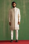 Buy_Studio Bagechaa_Ivory Raw Silk Embroidery Dori Vyom Thread Sherwani Set _at_Aza_Fashions