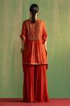 Shop_Studio Bagechaa_Orange Georgette Lurex Embroidered Thread V-neck Nyla Short Kaftan With Sharara _at_Aza_Fashions