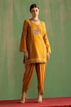 Buy_Studio Bagechaa_Yellow Chanderi Embroidered Thread V-neck Vanya Kurta With Pant _at_Aza_Fashions