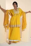 Buy_Sunita Nagi_Yellow Kaftan Chanderi Embroidered Gota Lace V-neck Yoke Sharara Set _at_Aza_Fashions