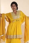 Sunita Nagi_Yellow Kaftan Chanderi Embroidered Gota Lace V-neck Yoke Sharara Set _Online_at_Aza_Fashions