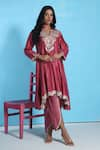 Buy_Sunita Nagi_Pink Kurta Chanderi Embroidered Gota Lace V-neck Pant Set _Online_at_Aza_Fashions