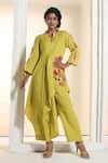 Buy_Sunita Nagi_Yellow Linen Cotton Embroidered Thread Mandarin Asymmetric Kurta With Pant _at_Aza_Fashions