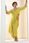 Buy_Sunita Nagi_Yellow Linen Cotton Embroidered Thread Mandarin Asymmetric Kurta With Pant _Online_at_Aza_Fashions