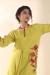 Shop_Sunita Nagi_Yellow Linen Cotton Embroidered Thread Mandarin Asymmetric Kurta With Pant _Online_at_Aza_Fashions