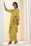 Sunita Nagi_Yellow Linen Cotton Embroidered Thread Mandarin Asymmetric Kurta With Pant _at_Aza_Fashions