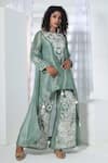 Buy_Sunita Nagi_Green Shimmer Tissue Embroidered Thread Boat Floral Asymmetric Kurta With Pant _at_Aza_Fashions