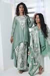 Sunita Nagi_Green Shimmer Tissue Embroidered Thread Boat Floral Asymmetric Kurta With Pant _Online_at_Aza_Fashions