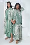 Buy_Sunita Nagi_Green Shimmer Tissue Embroidered Thread Boat Floral Asymmetric Kurta With Pant _Online_at_Aza_Fashions