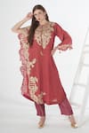 Buy_Sunita Nagi_Pink Crushed Tissue Embroidered Floral Round Asymmetric Sleeve Kurta With Pant _at_Aza_Fashions