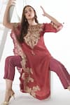 Buy_Sunita Nagi_Pink Crushed Tissue Embroidered Floral Round Asymmetric Sleeve Kurta With Pant _Online_at_Aza_Fashions