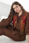 Sunita Nagi_Brown Chanderi Silk Embroidered Floral Shirt Collared Jacket With Pant Set _Online_at_Aza_Fashions