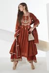 Buy_Sunita Nagi_Brown Kurta And Dupatta Chanderi Embroidered Floral Round Anarkali Set _at_Aza_Fashions