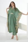 Buy_Sunita Nagi_Green Crushed Tissue Embroidered Floral Band Collar Kaftan With Pant _at_Aza_Fashions