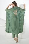 Shop_Sunita Nagi_Green Crushed Tissue Embroidered Floral Band Collar Kaftan With Pant _at_Aza_Fashions