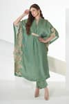 Sunita Nagi_Green Crushed Tissue Embroidered Floral Band Collar Kaftan With Pant _Online_at_Aza_Fashions