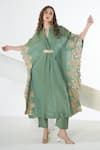 Buy_Sunita Nagi_Green Crushed Tissue Embroidered Floral Band Collar Kaftan With Pant _Online_at_Aza_Fashions