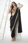 Buy_Sunita Nagi_Black Crape Embroidered Floral V Neck Hem Dhoti Skirt Saree With Blouse _at_Aza_Fashions