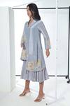 Buy_Sunita Nagi_Blue Shimmer Embroidered Floral Band Collar Mirror Dress 