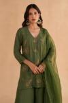 Buy_Ruchi Marodia_Green Moonga Silk Embroidery Zardozi V Neck Kurta Sharara Set _Online_at_Aza_Fashions