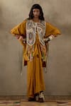 Buy_Aseem Kapoor_Yellow Crushed Silk Embroidered Gilet Tribal Round Neck Zuri And Skirt Set _at_Aza_Fashions