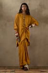 Buy_ASEEM KAPOOR_Yellow Crushed Silk Embroidery Tassel Round Trapeze Placket Kurta With Skirt _at_Aza_Fashions