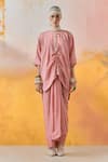 Buy_Aseem Kapoor_Pink Crushed Silk Embroidery Tassel Round Neck Trapeze Kurta With Skirt _Online_at_Aza_Fashions