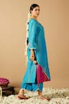 Tangerine Tiger_Blue Tissue Embroidered Gota Blunt V Floral Patchwork Kurta With Pant _at_Aza_Fashions