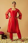 Buy_Tangerine by ASFA_Red Tissue Embroidered Sequin U-neck Straight Kurta With Pant _at_Aza_Fashions