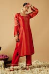 Buy_Tangerine by ASFA_Red Tissue Embroidered Sequin U-neck Straight Kurta With Pant _Online_at_Aza_Fashions