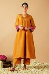 Buy_Tangerine by ASFA_Gold Tissue Embroidered Sequin V-neck A-line Gathered Kurta With Pant _at_Aza_Fashions