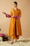 Shop_Tangerine by ASFA_Gold Tissue Embroidered Sequin V-neck A-line Gathered Kurta With Pant _Online_at_Aza_Fashions