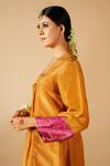 Shop_Tangerine by ASFA_Gold Tissue Embroidered Sequin V-neck A-line Gathered Kurta With Pant _at_Aza_Fashions